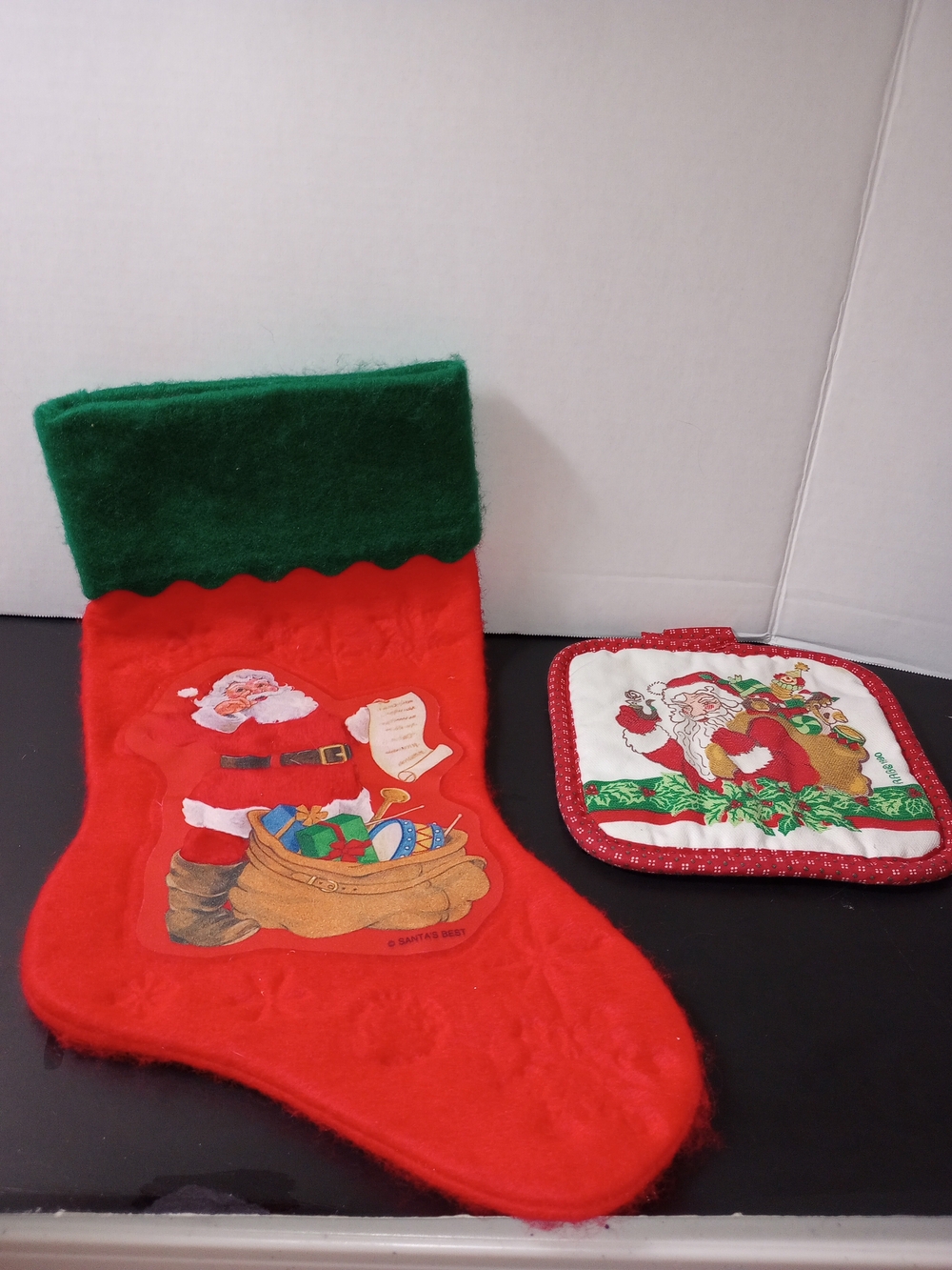 Vintage Holiday Santa Red and Green Christmas Stocking and Pot Holder